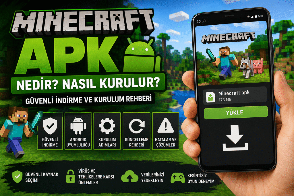 Android telefonda Minecraft APK kurulum ekranı ve oyun oynanışı