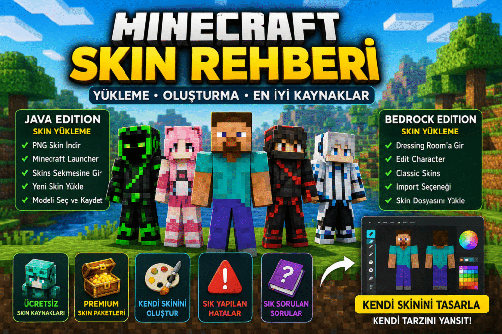 Minecraft skin yükleme rehberi Java ve Bedrock Edition adımları