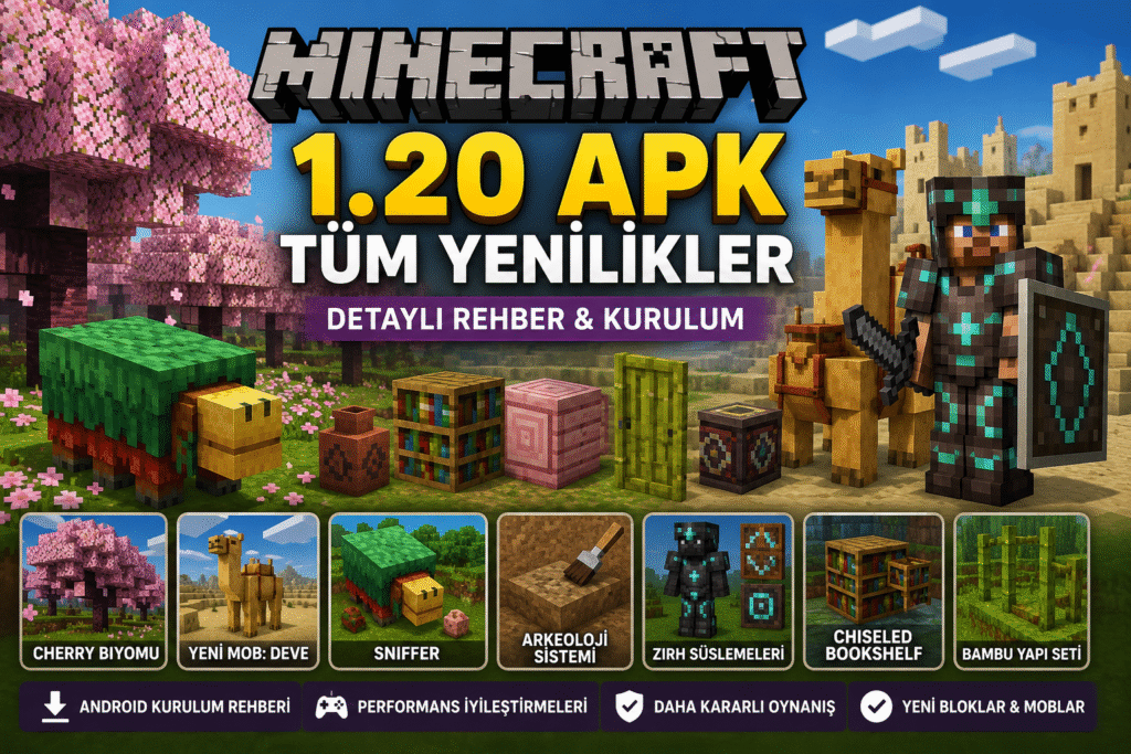 Minecraft 1.20 güncellemesi yeni bloklar, Sniffer, deve ve Cherry Grove biyomu tanıtım görseli.